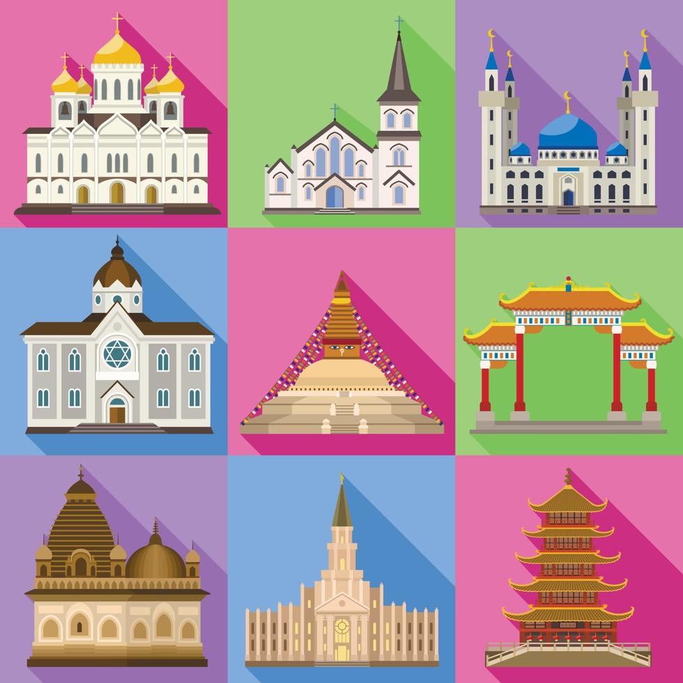 Temple icons set, flat style vector