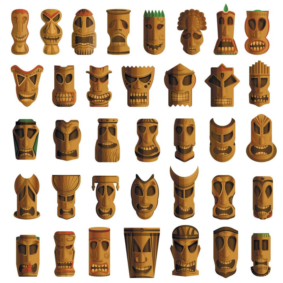 conjunto de iconos de ídolos tiki, estilo de dibujos animados vector