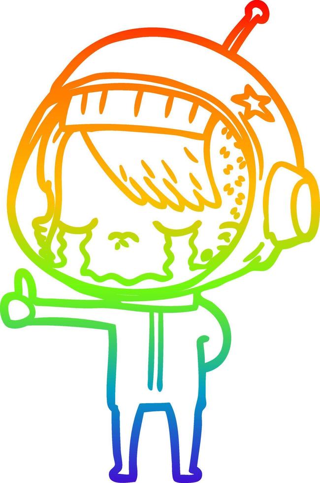 rainbow gradient line drawing cartoon crying astronaut girl making thumbs up sign vector