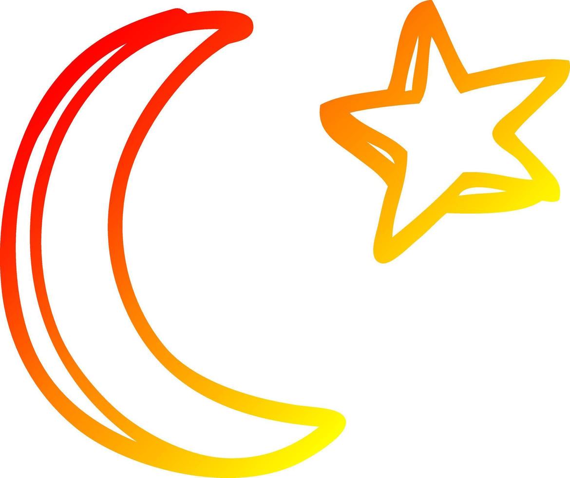 warm gradient line drawing cartoon moon and star shape vector