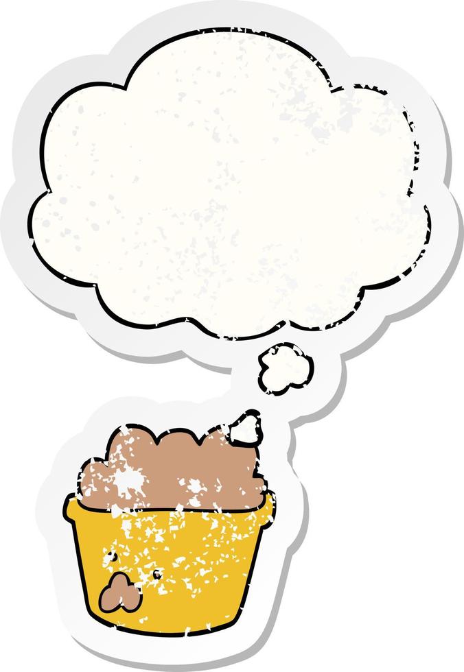 cartoon plant pot of earth and thought bubble as a distressed worn sticker vector