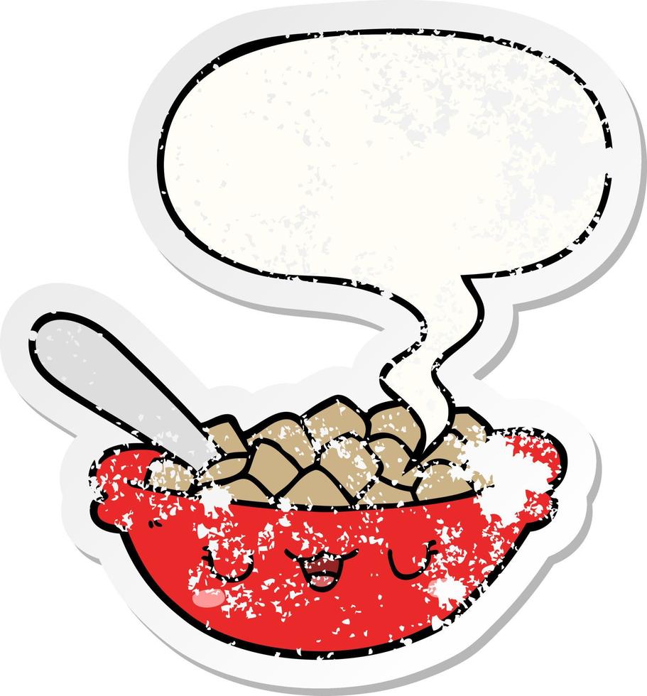 cute cartoon bowl of cereal and speech bubble distressed sticker vector