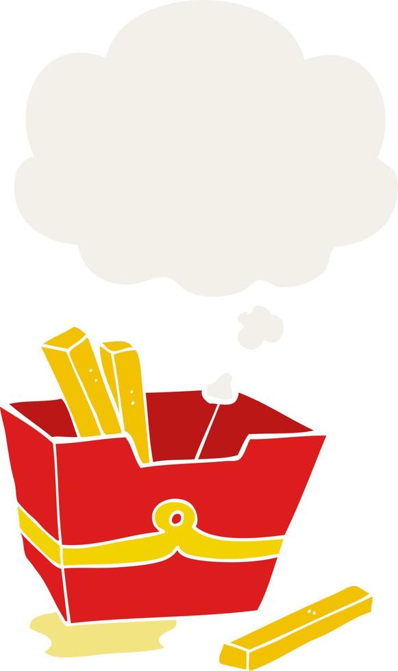 cartoon box of fries and thought bubble in retro style vector