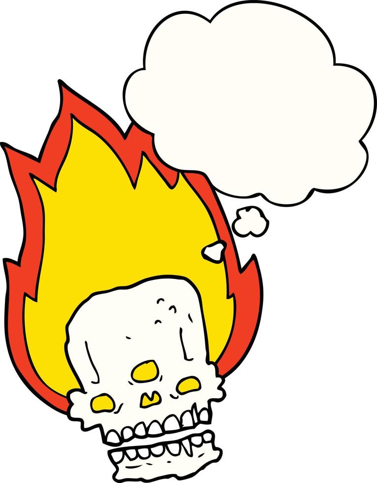 spooky cartoon flaming skull and thought bubble vector