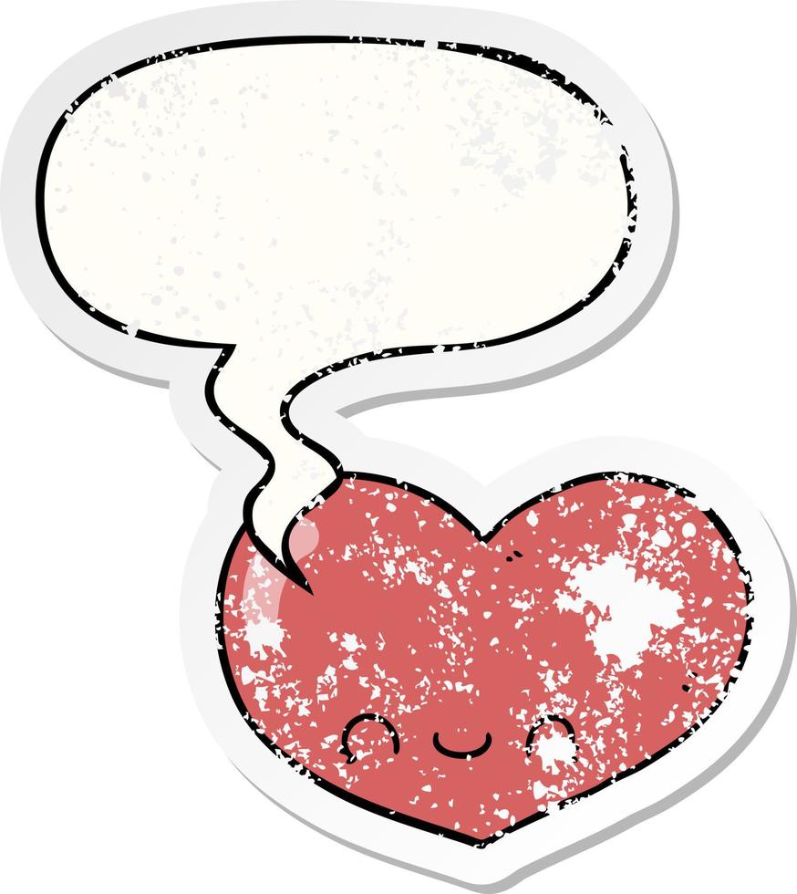 cartoon love heart character and speech bubble distressed sticker vector