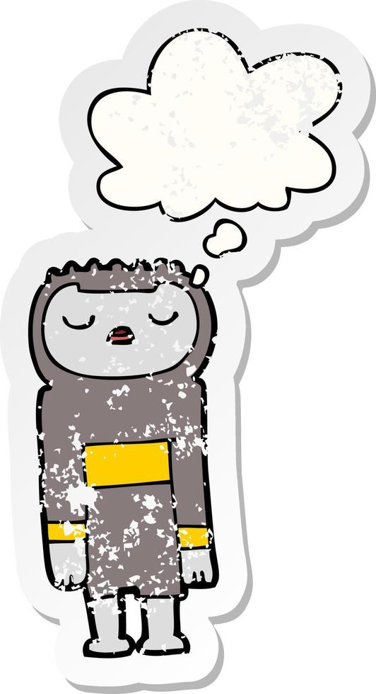 cartoon robot and thought bubble as a distressed worn sticker vector