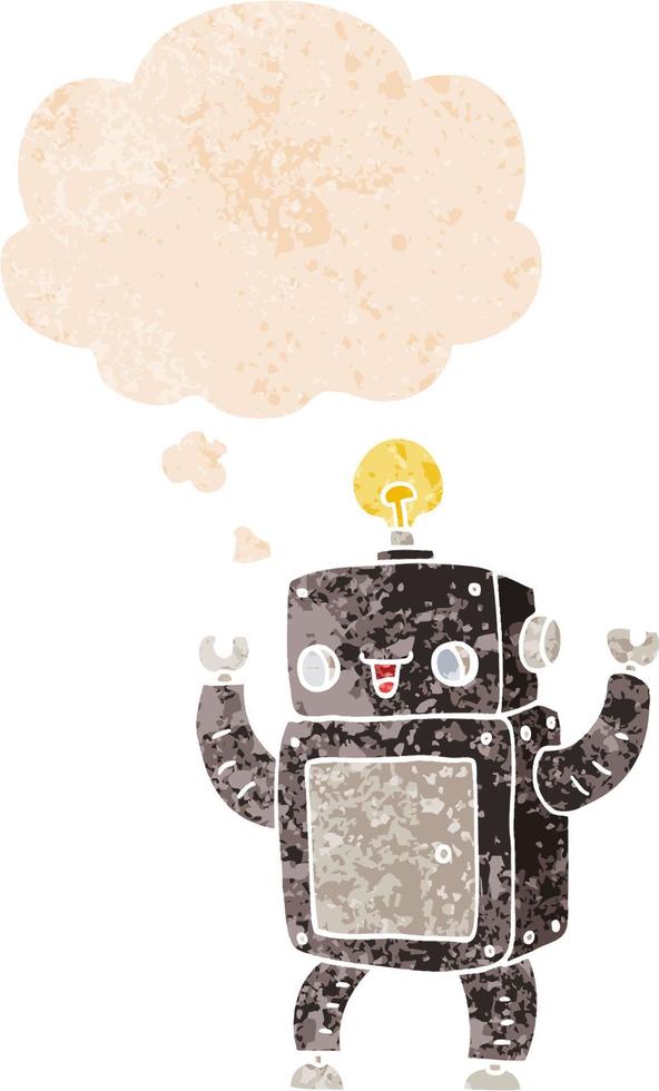 cartoon happy robot and thought bubble in retro textured style vector