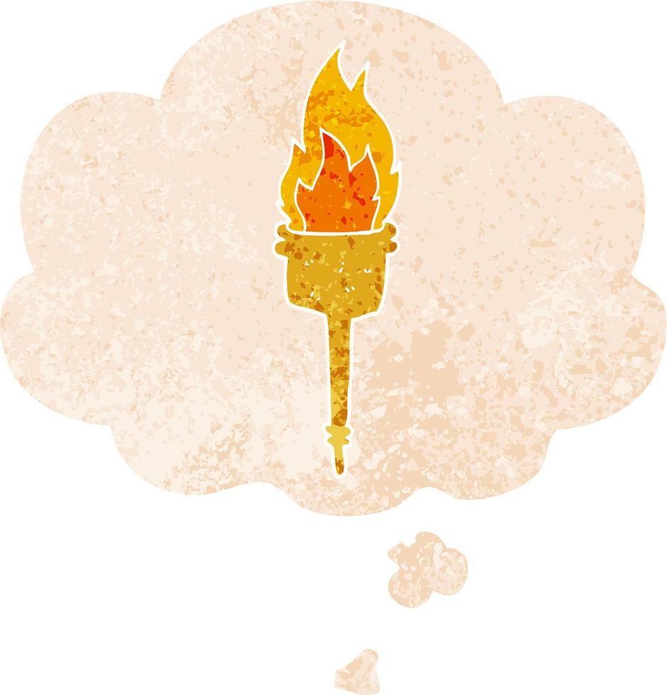 cartoon flaming torch and thought bubble in retro textured style vector