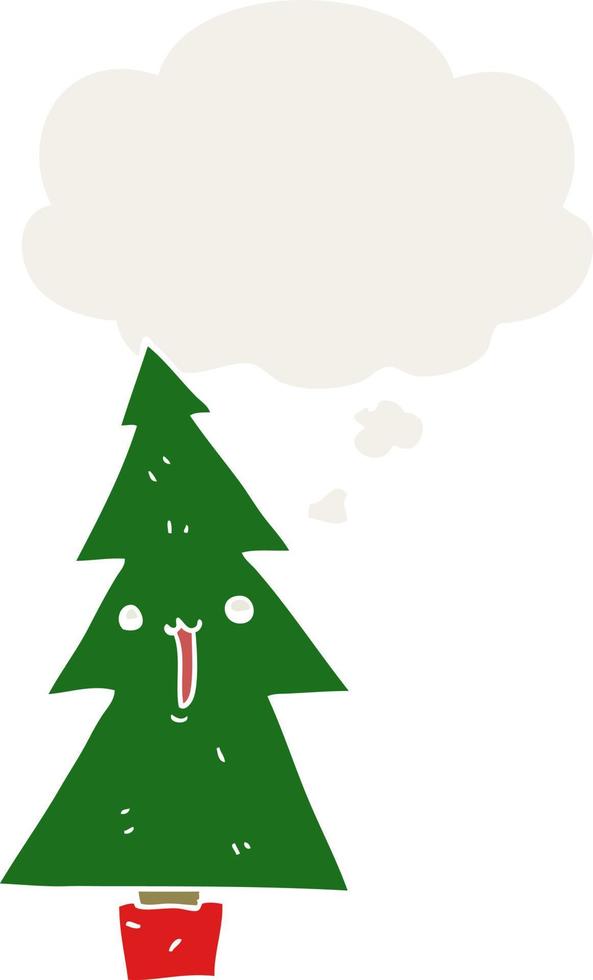 cartoon christmas tree and thought bubble in retro style vector