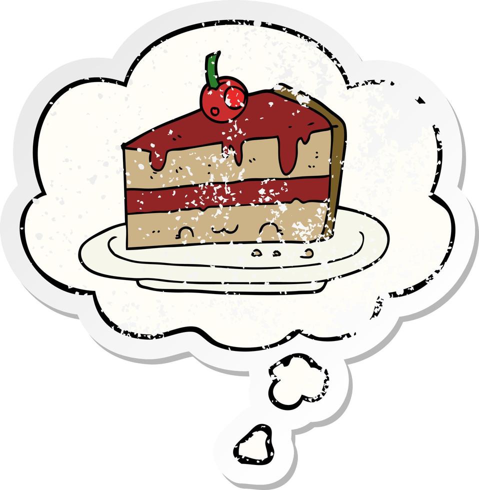 cartoon cake and thought bubble as a distressed worn sticker vector