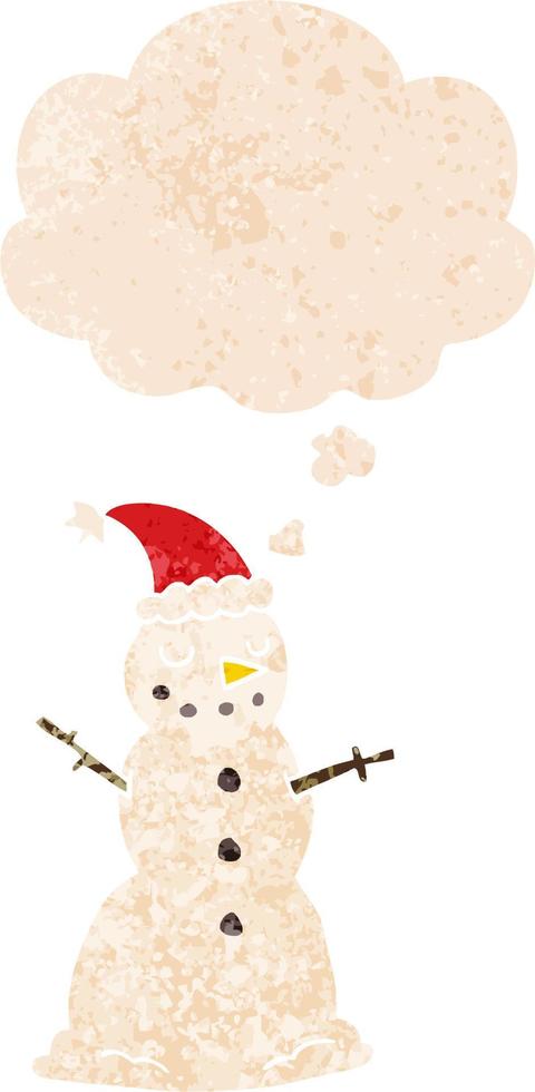 cartoon christmas snowman and thought bubble in retro textured style vector