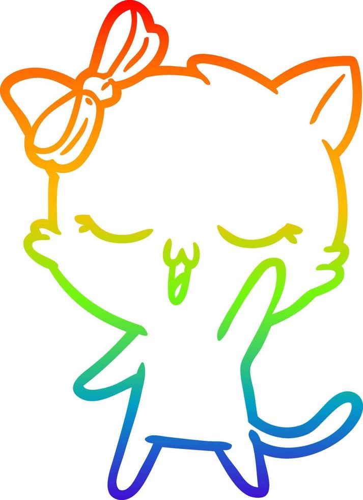 rainbow gradient line drawing cartoon cat with bow on head waving vector