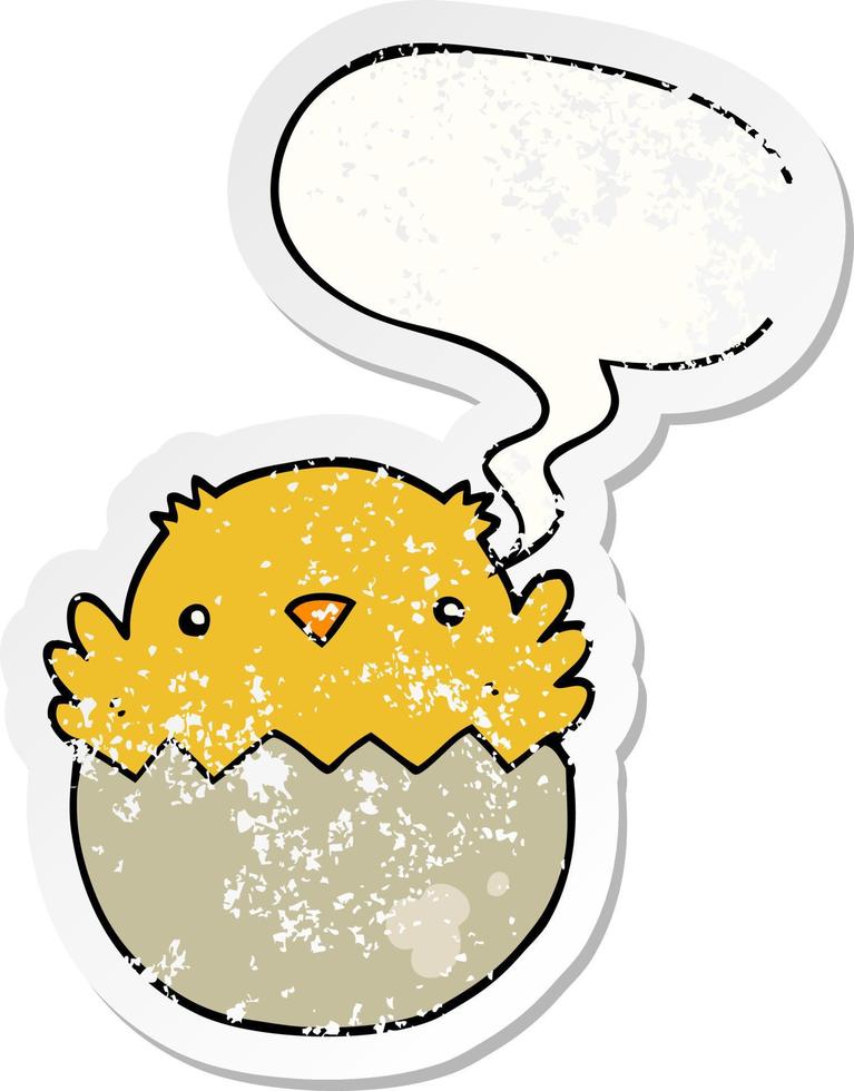 cartoon chick hatching from egg and speech bubble distressed sticker vector