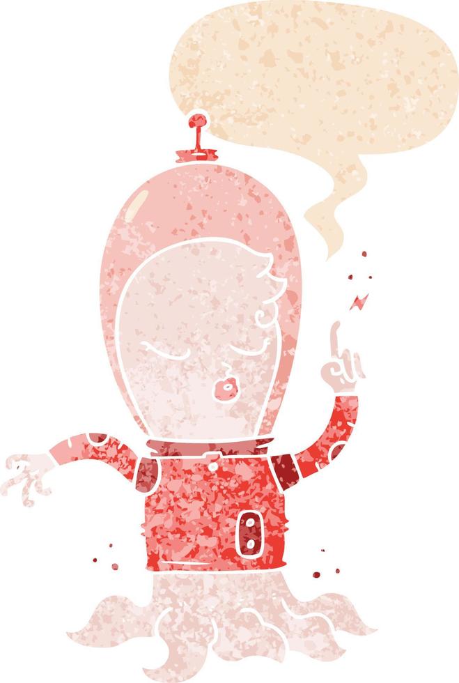 cute cartoon alien and speech bubble in retro textured style vector