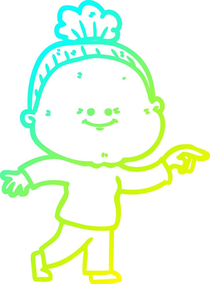 cold gradient line drawing cartoon happy old woman vector