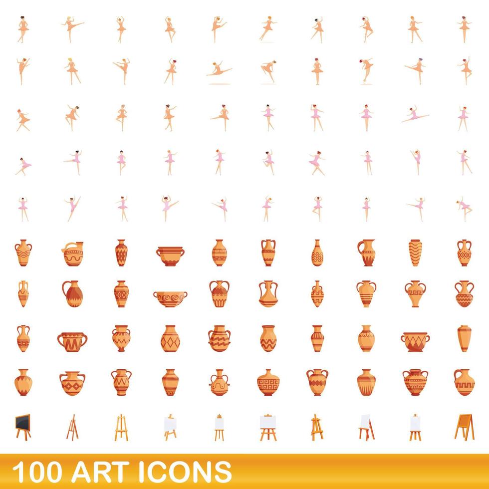 100 art icons set, cartoon style vector