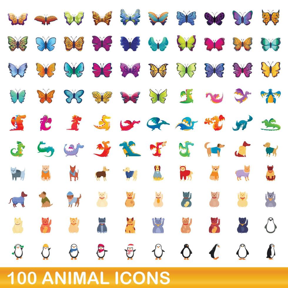 100 animal icons set, cartoon style vector