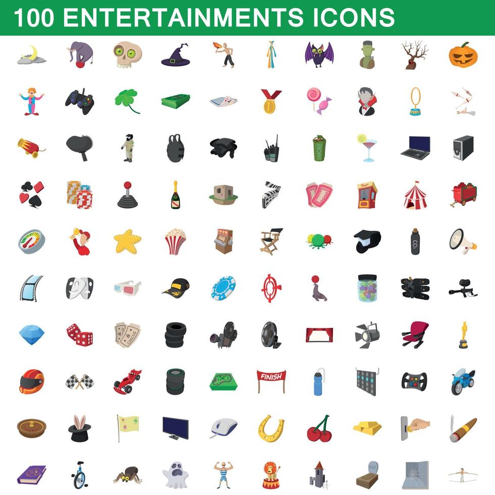 100 entertainments icons set, cartoon style vector