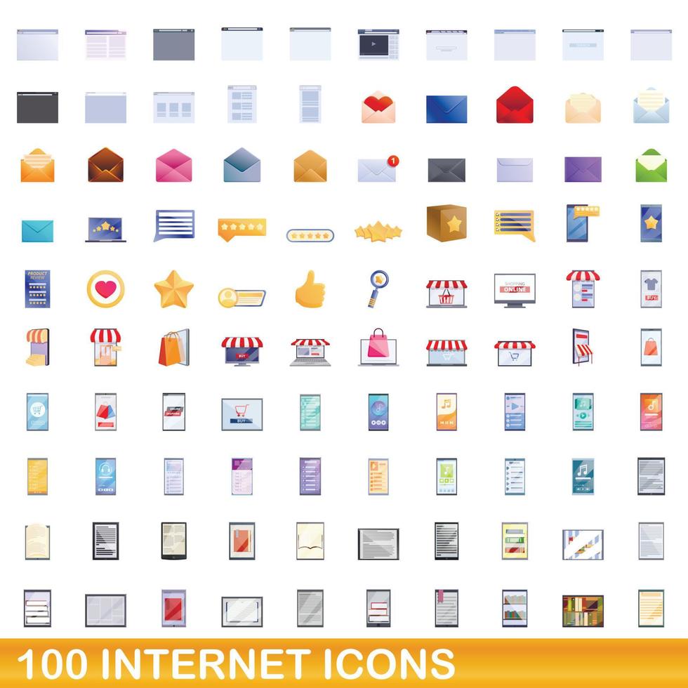 100 internet icons set, cartoon style vector