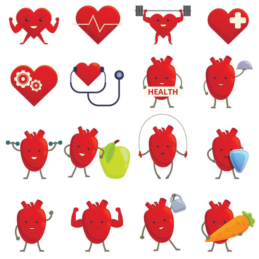 Healthy heart icons set, cartoon style vector