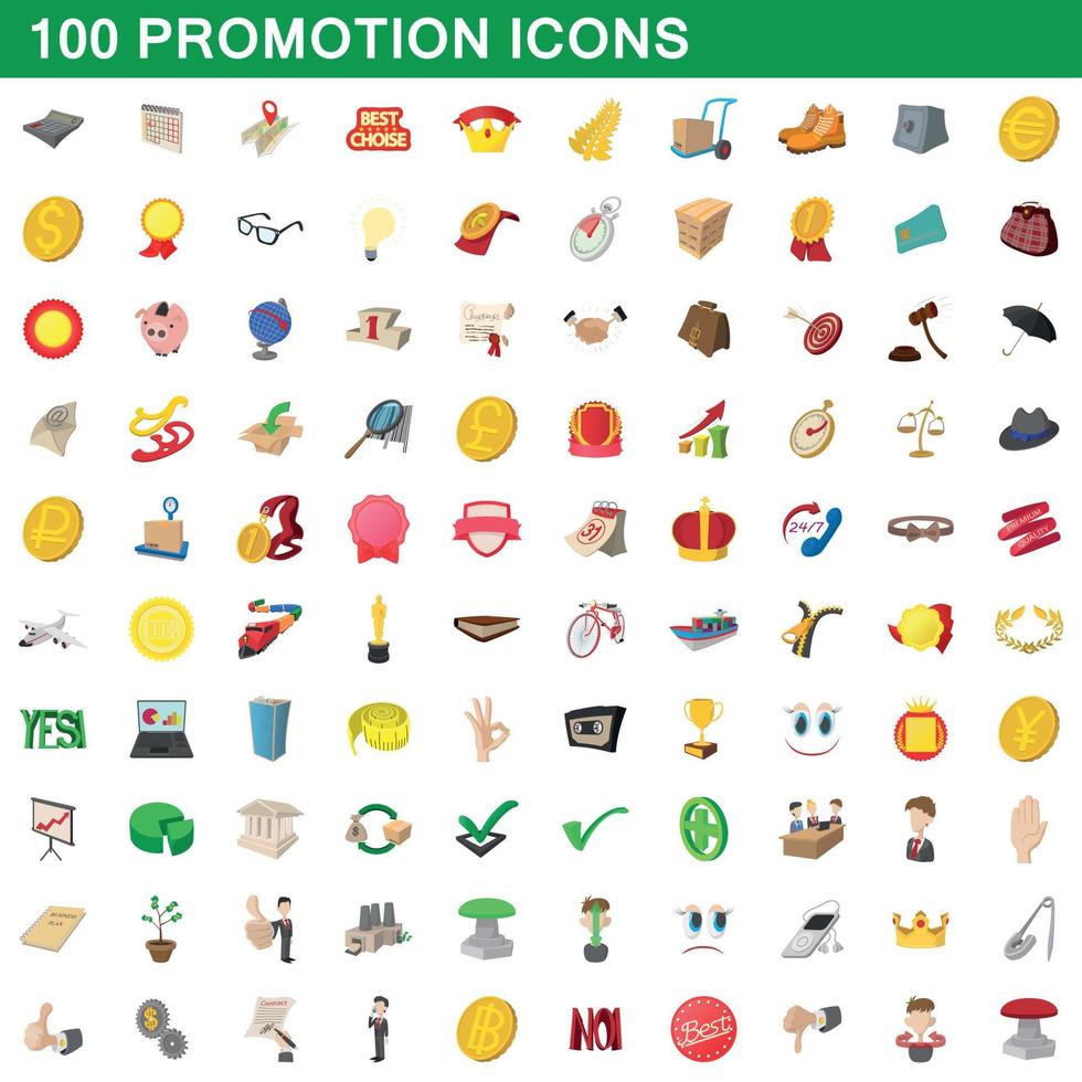 100 iconos de promoción, estilo de dibujos animados vector