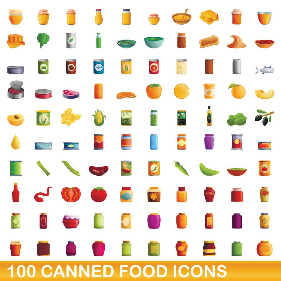 100 iconos de comida enlatada, estilo de dibujos animados vector