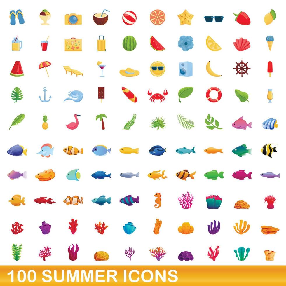 100 summer icons set, cartoon style vector