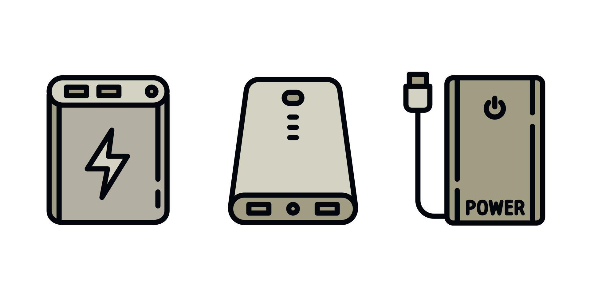 Power bank icons set, outline style vector