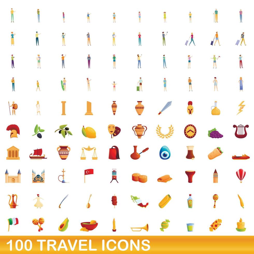 100 travel icons set, cartoon style vector