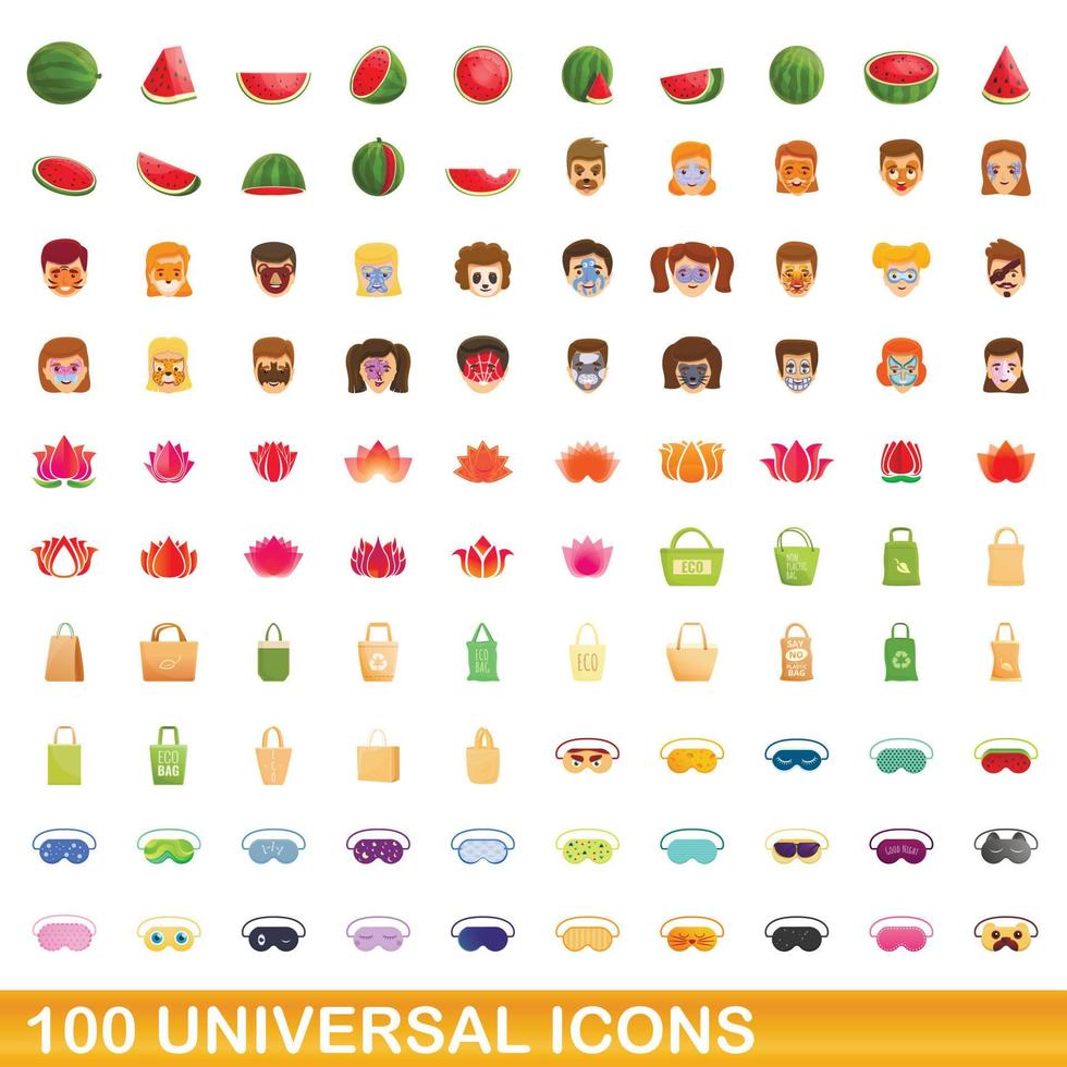 100 universal icons set, cartoon style vector