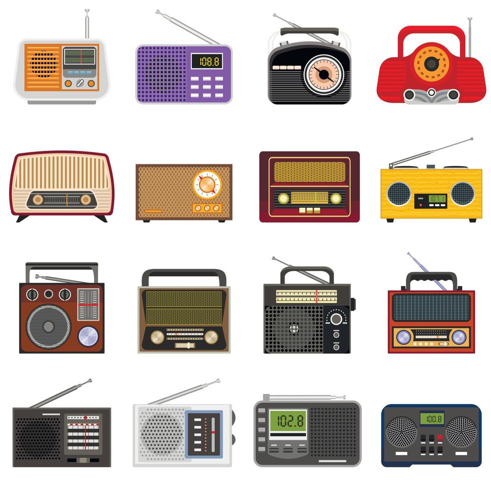 Radio icons set, flat style vector