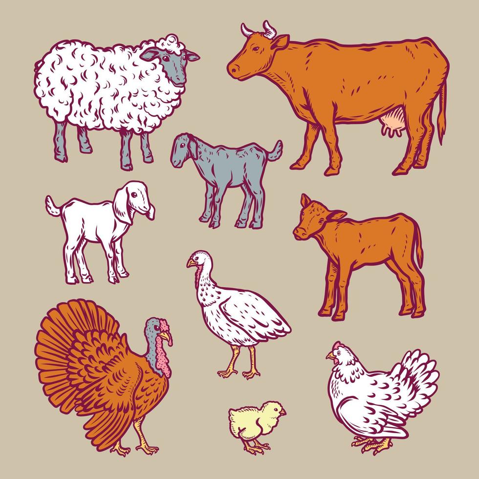 Farm animals detailed icon set, cartoon style vector