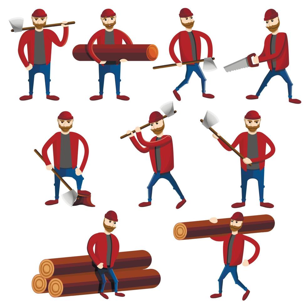Lumberjack icons set, cartoon style vector