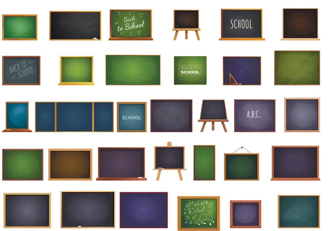 School chalkboard icons set, cartoon style vector