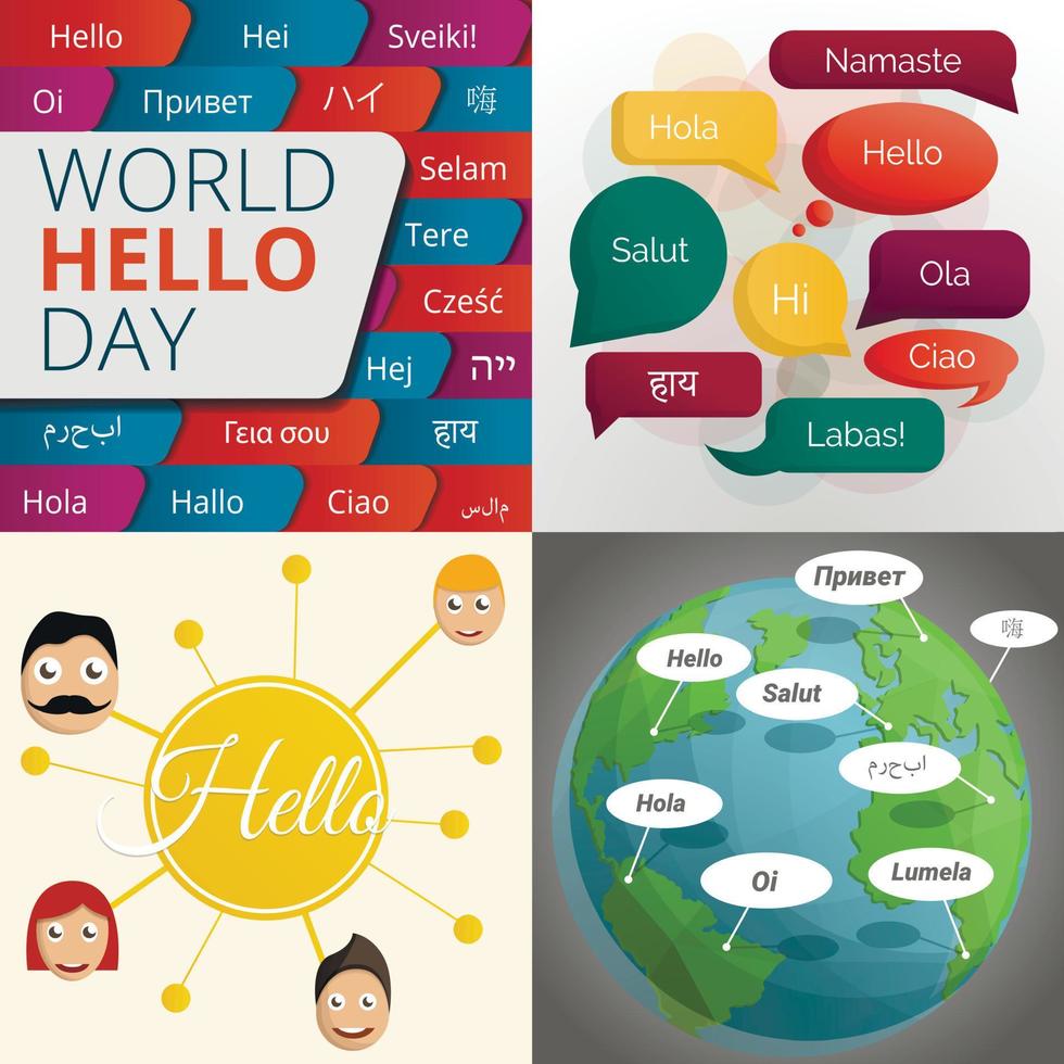 Hello day banner set, cartoon style vector