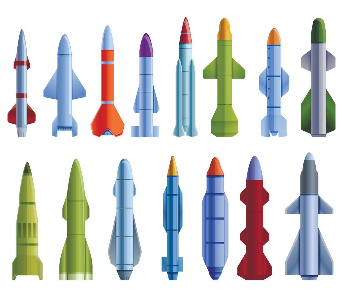 conjunto de iconos de ataque con misiles, estilo de dibujos animados vector