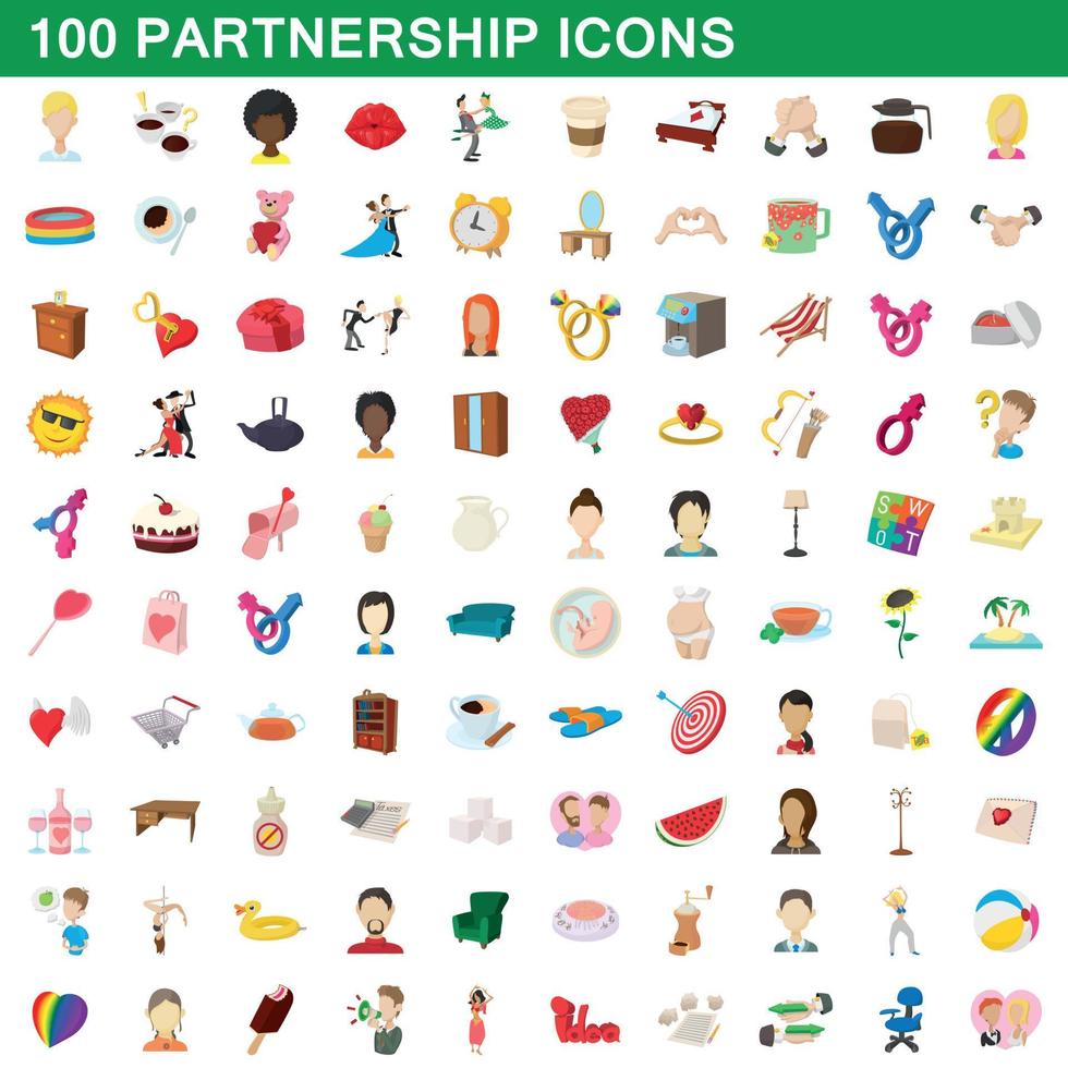 100 partnership icons set, cartoon style vector