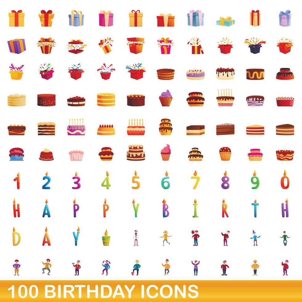 100 birthday icons set, cartoon style vector