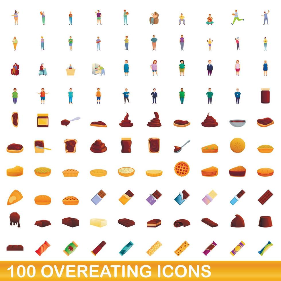 100 comer en exceso, conjunto de iconos de estilo de dibujos animados vector