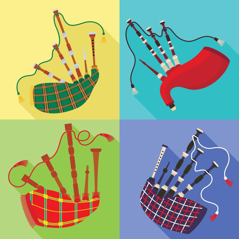 Bagpipes icons set, flat style vector