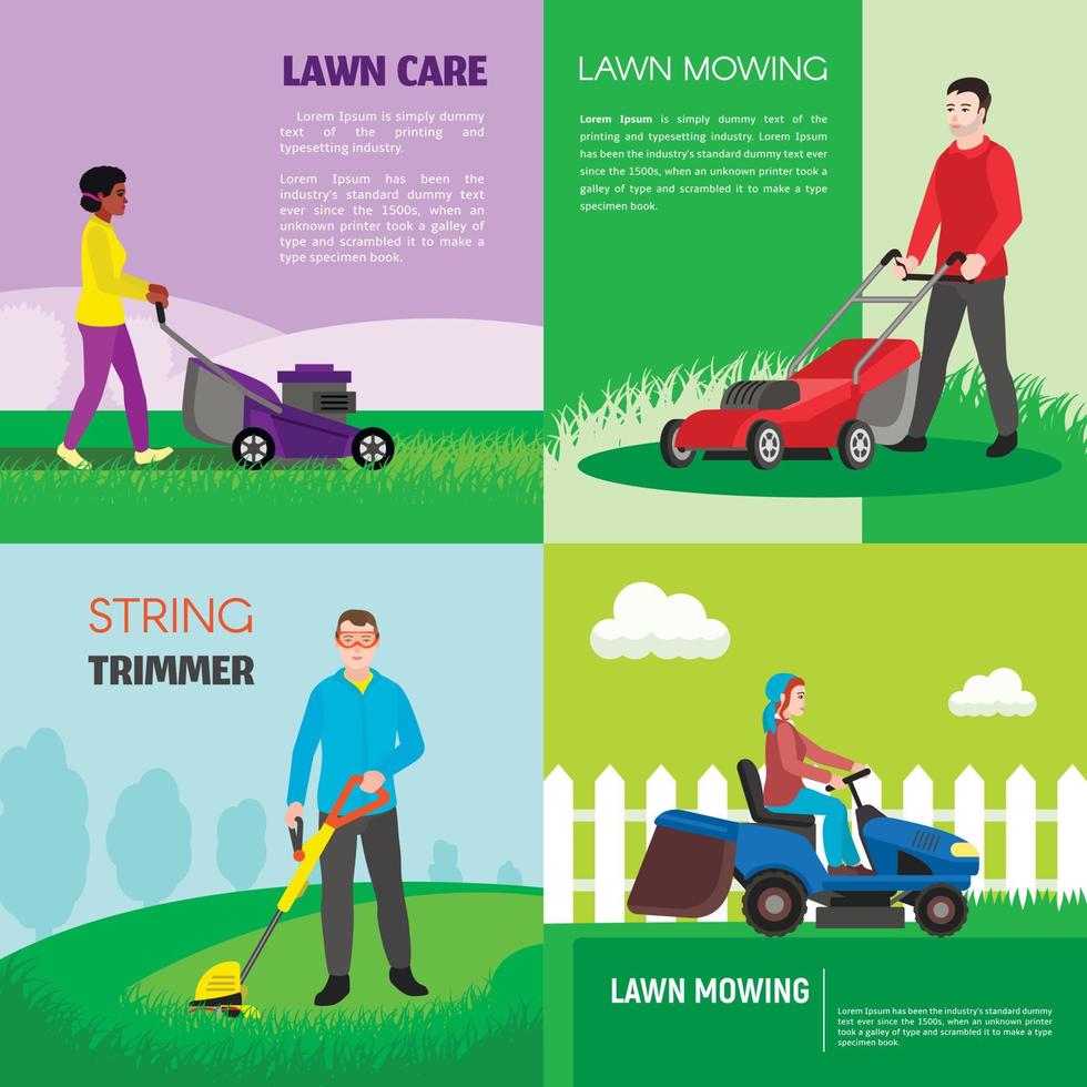 Garden lawnmower banner set, flat style vector