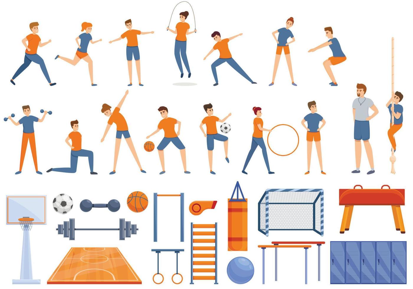 conjunto de iconos de gimnasio escolar, estilo de dibujos animados vector