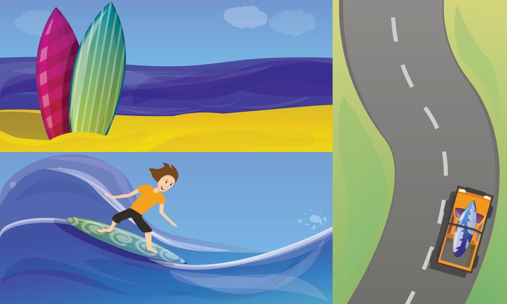 conjunto de banners de surf, estilo de dibujos animados vector