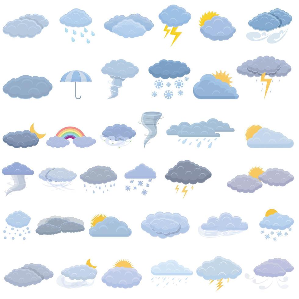 Cloudy weather icons set, cartoon style vector