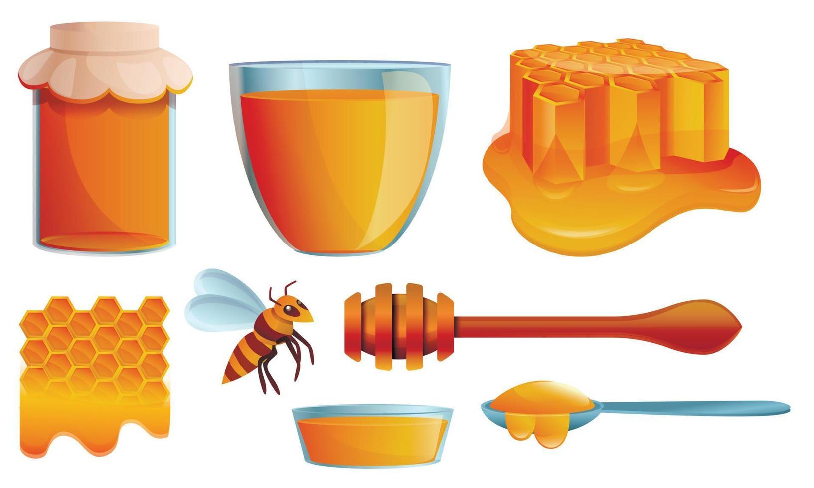 Honey icons set, cartoon style vector