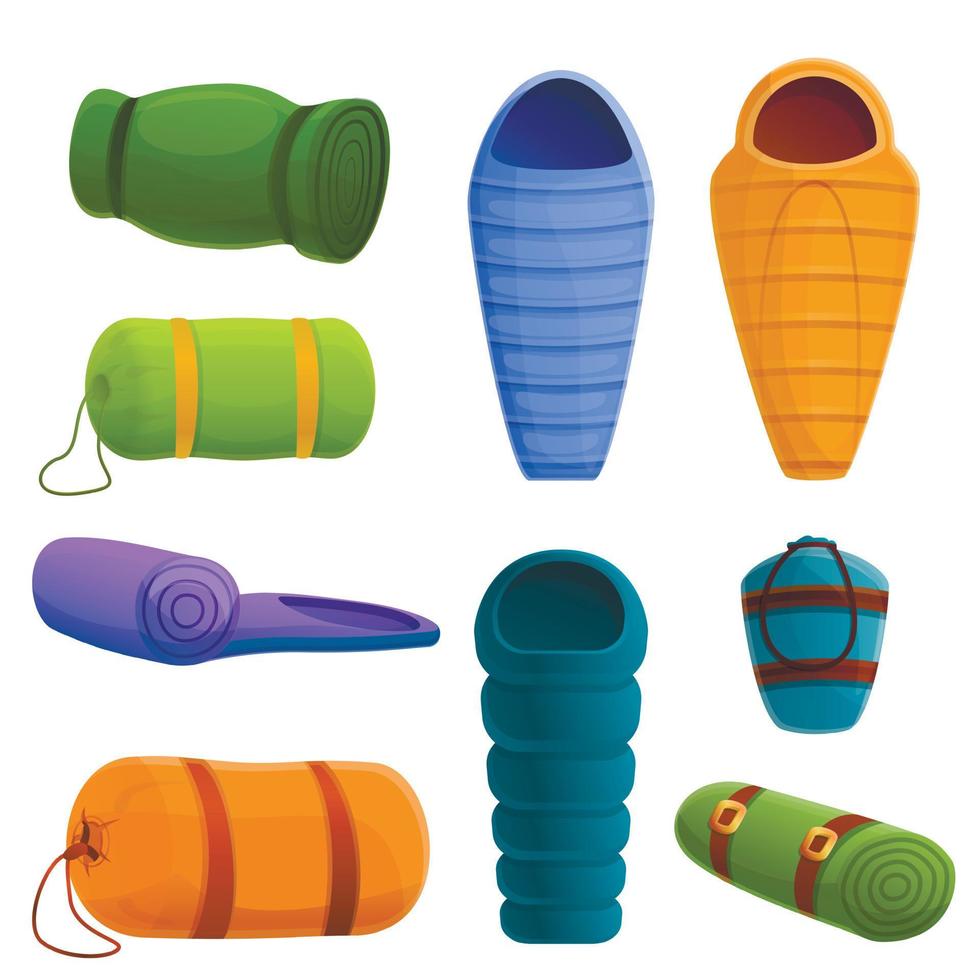 Sleeping bag icons set, cartoon style vector