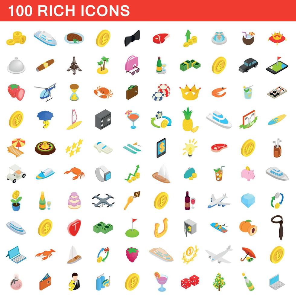 100 rich icons set, isometric 3d style vector