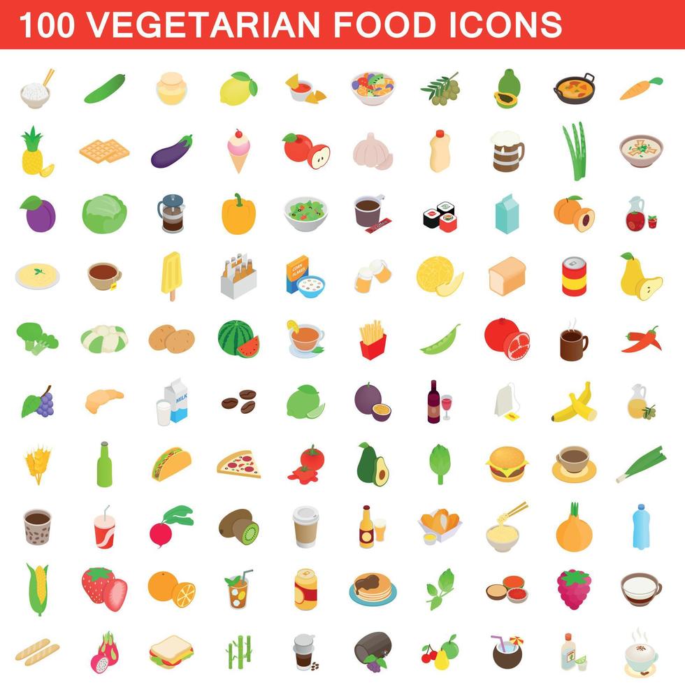 100 iconos de comida vegetariana, estilo isométrico 3d vector