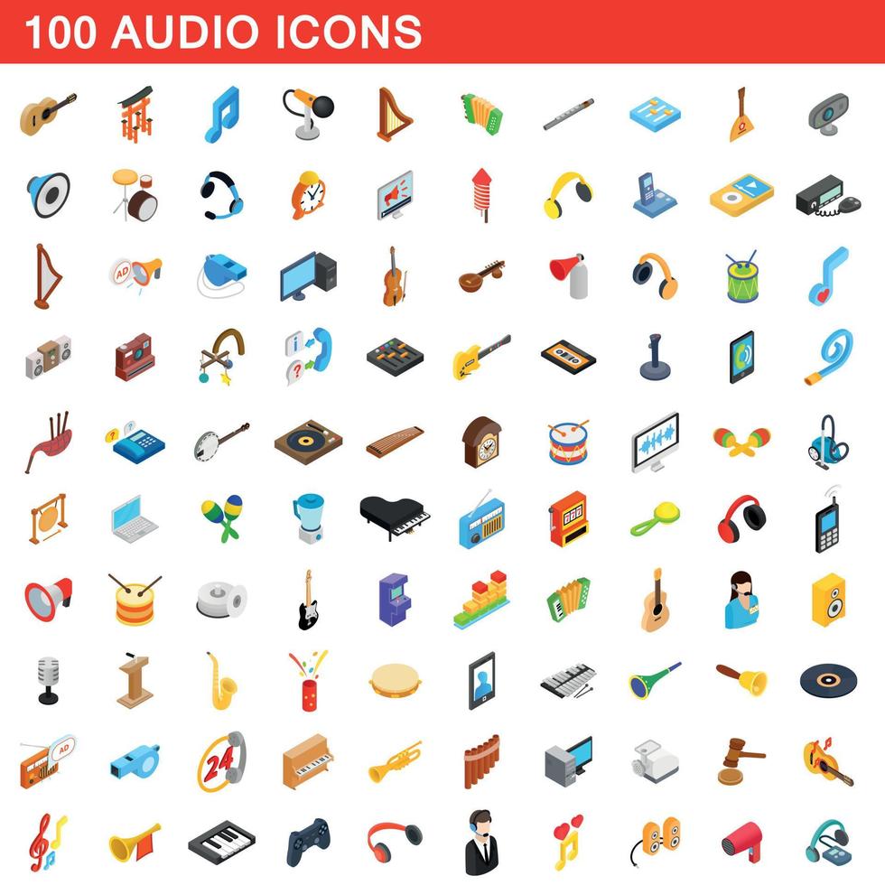 100 audio icons set, isometric 3d style vector
