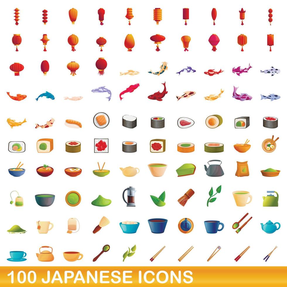 100 japanese icons set, cartoon style vector